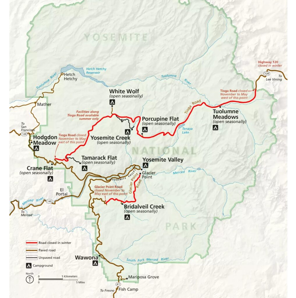 ヨセミテ国立公園、地図、冬期道路閉鎖